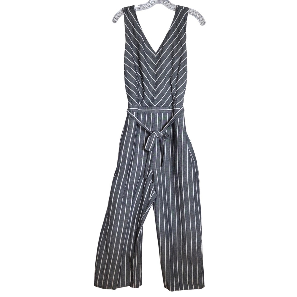 LOFT Striped Linen Blend Wide Leg Jumpsuit Gray White Culotte Nautical Coastal